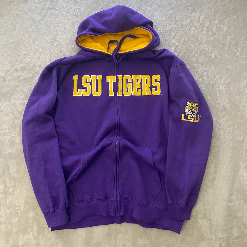 E5 LSU Tigers Full Zip Hoodie Purple Gold Mens 2XL Louisiana State University